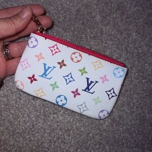White Multicolor Monogram Coin Pouch with Pink Zip